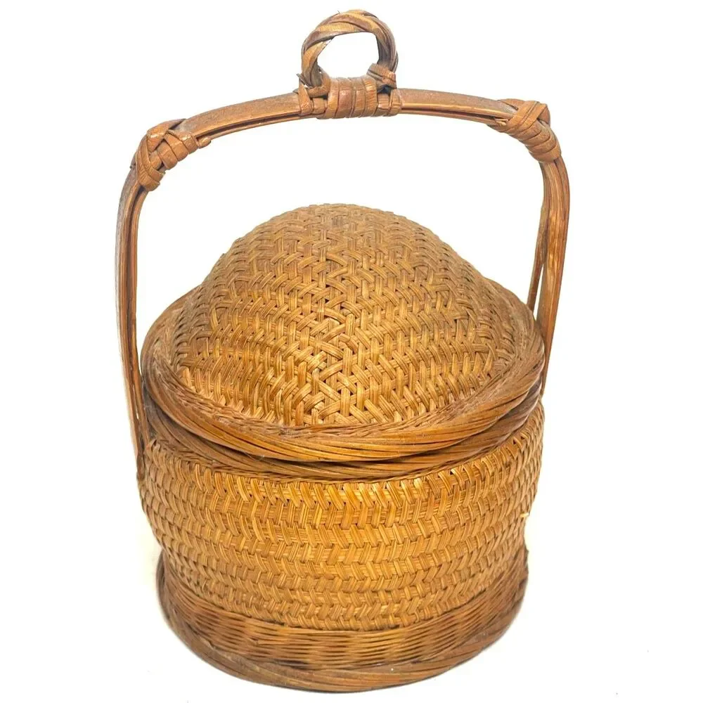 Miniature Vintage Wedding Basket Bamboo Wicker Woven Asian Chinese w/Lid Antique